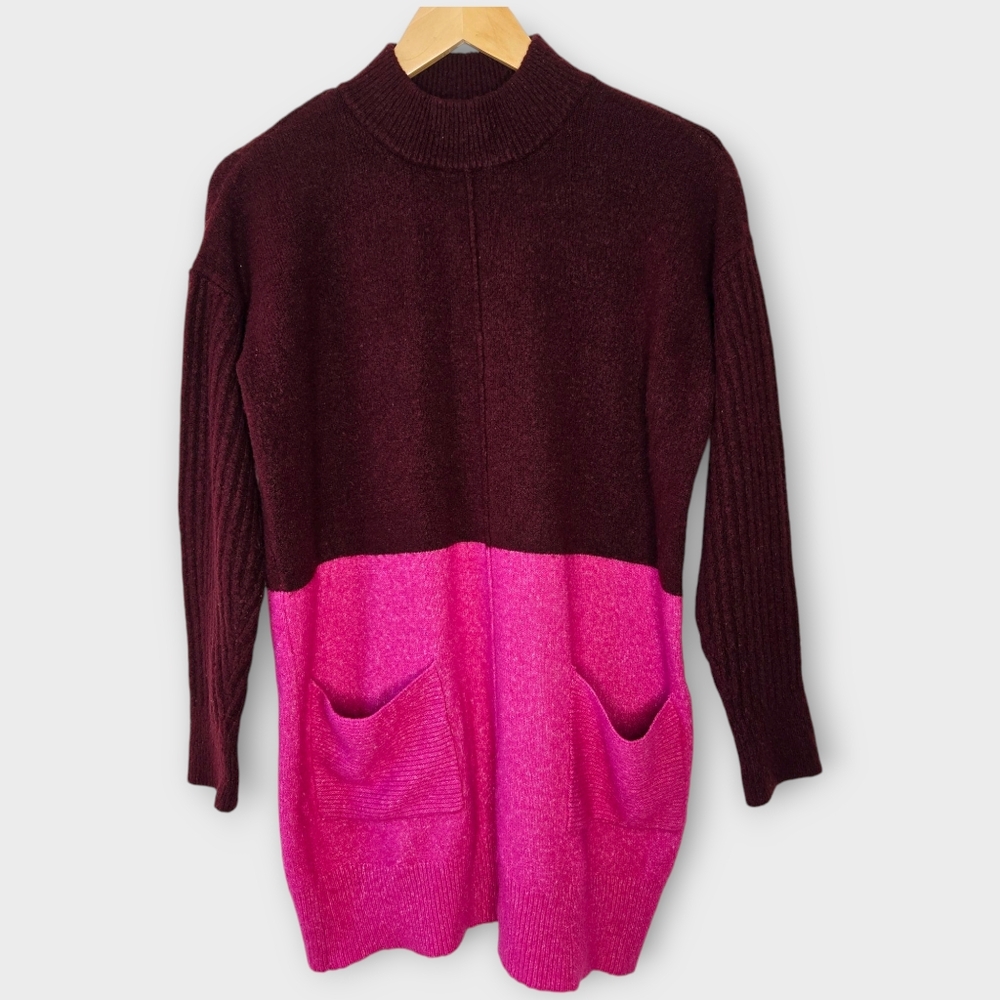 Vintage Sears Pullover Sweater Size S Pink Maroon Colorblock Pouch Pockets Mod